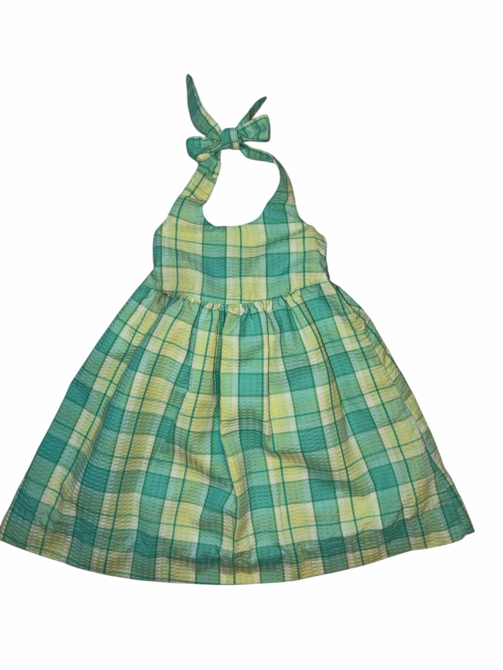 Vintage Y2K KIKS Green Plaid Seersucker Halter Dress 24M Cottagecore Resortwear